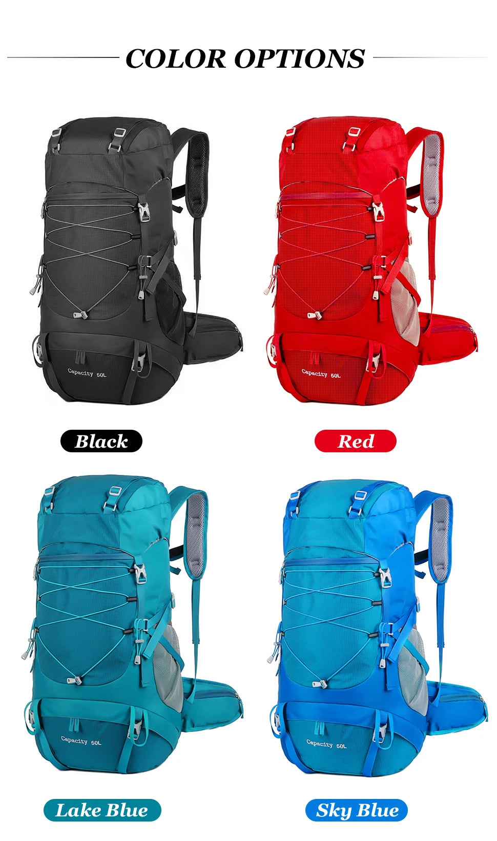 WESTTUNE 50L Hiking Backpack with Rain Cover Multifunctional Mountaineering Bag