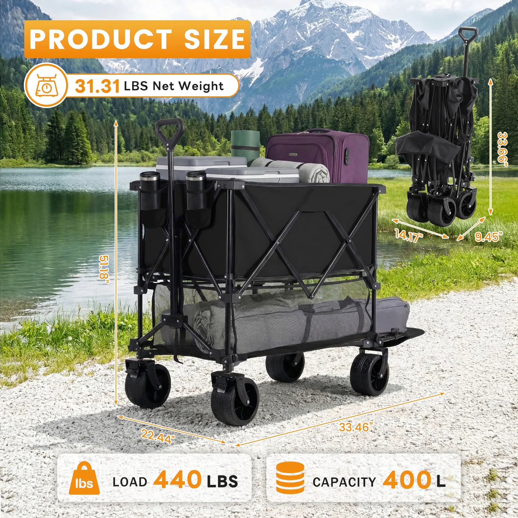 DUMOS Folding Wagon Cart – 440 lbs / 320L Capacity, Adjustable Handle, 600D Oxford, 360° Swivel Wheels