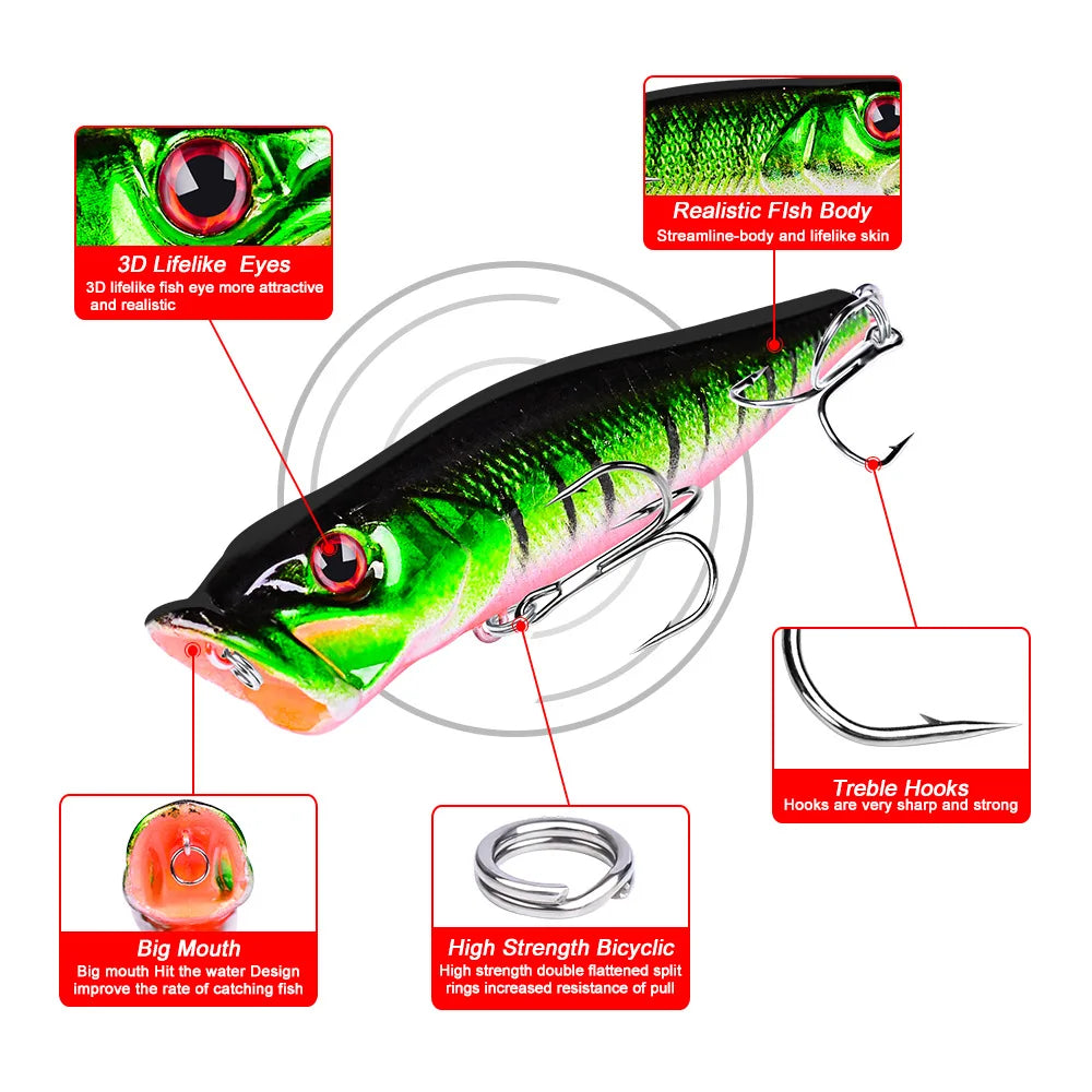 Popper Lure Topwater Fishing Bait – 93mm/12.5g Hard Bait Artificial Wobbler Plastic Fishing Tackle