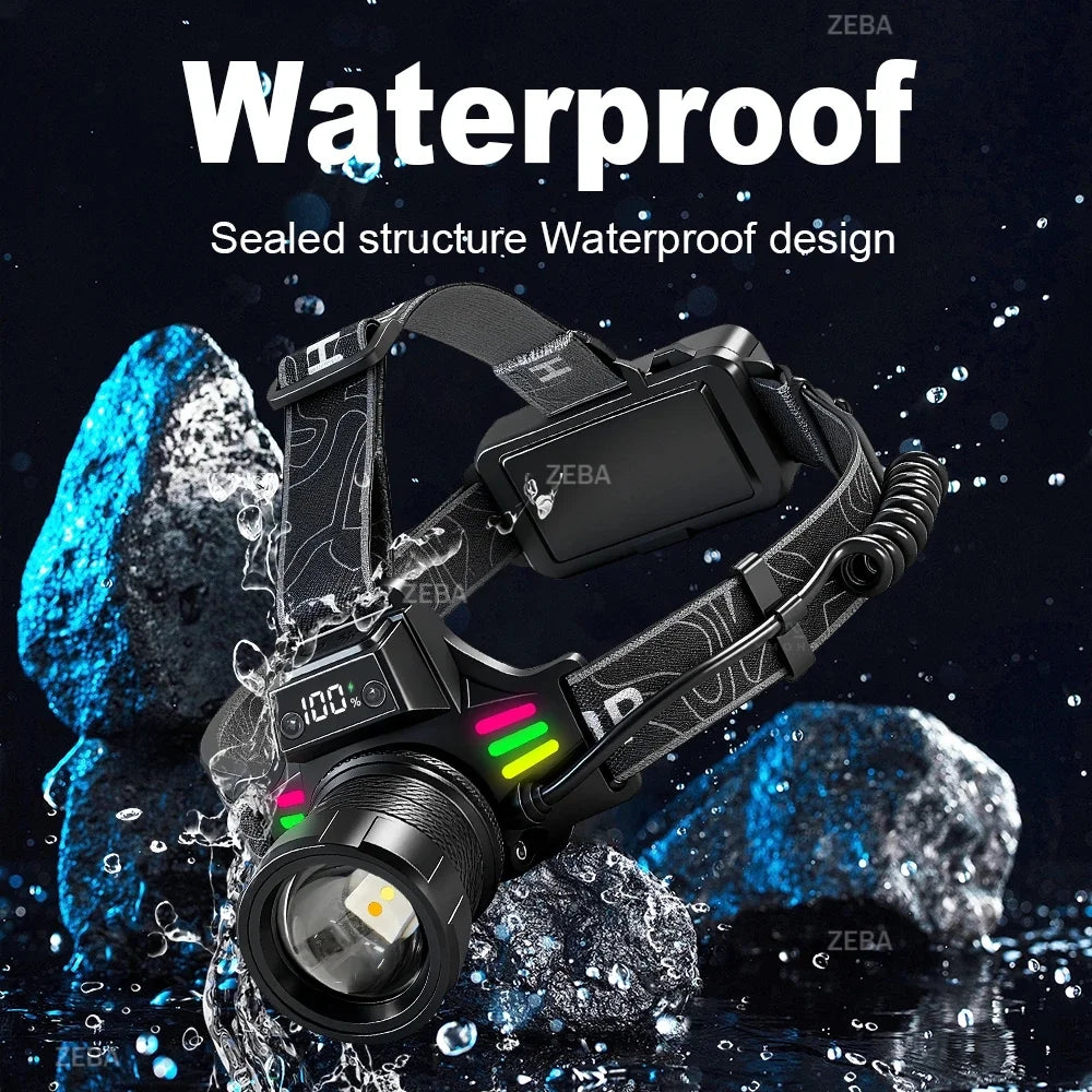 Super Bright Headlamp Dual Laser Motion Sensor Headlight 18650 USB Rechargeable Torch Yellow Light for Fog Night Running Fishing