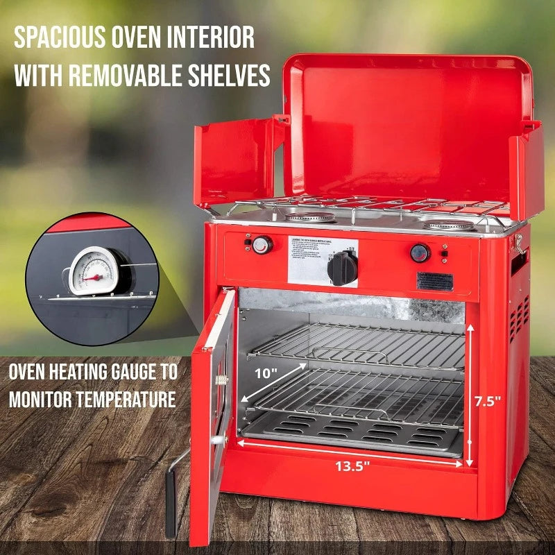 Outdoor Gas Camping Oven w/Carry Bag | CSA Approved Portable Propane-Powered 2-Burner Stove &amp; Oven | Auto Ignition
