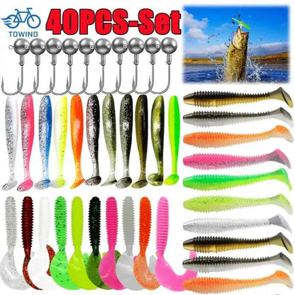 Soft Silicone Worm Fishing Lures with Jig Head Hooks | 15, 20 &amp; 40 Pack | Assorted Colors | Bass &amp; Finesse