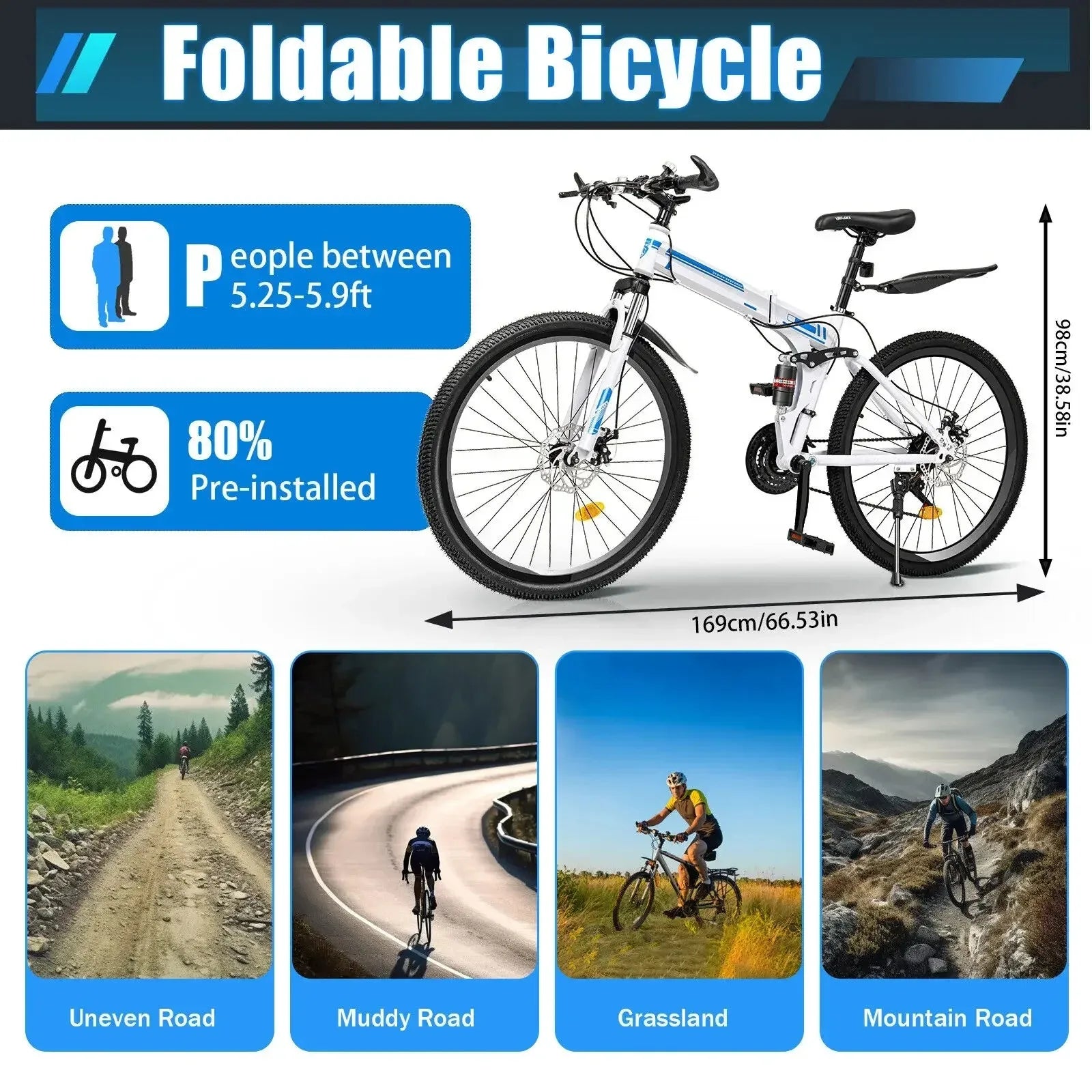 26" Folding Mountain Bike 21-Speed Dual Disc Brakes Men&