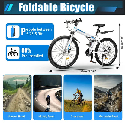 26" Folding Mountain Bike 21-Speed Dual Disc Brakes Men&