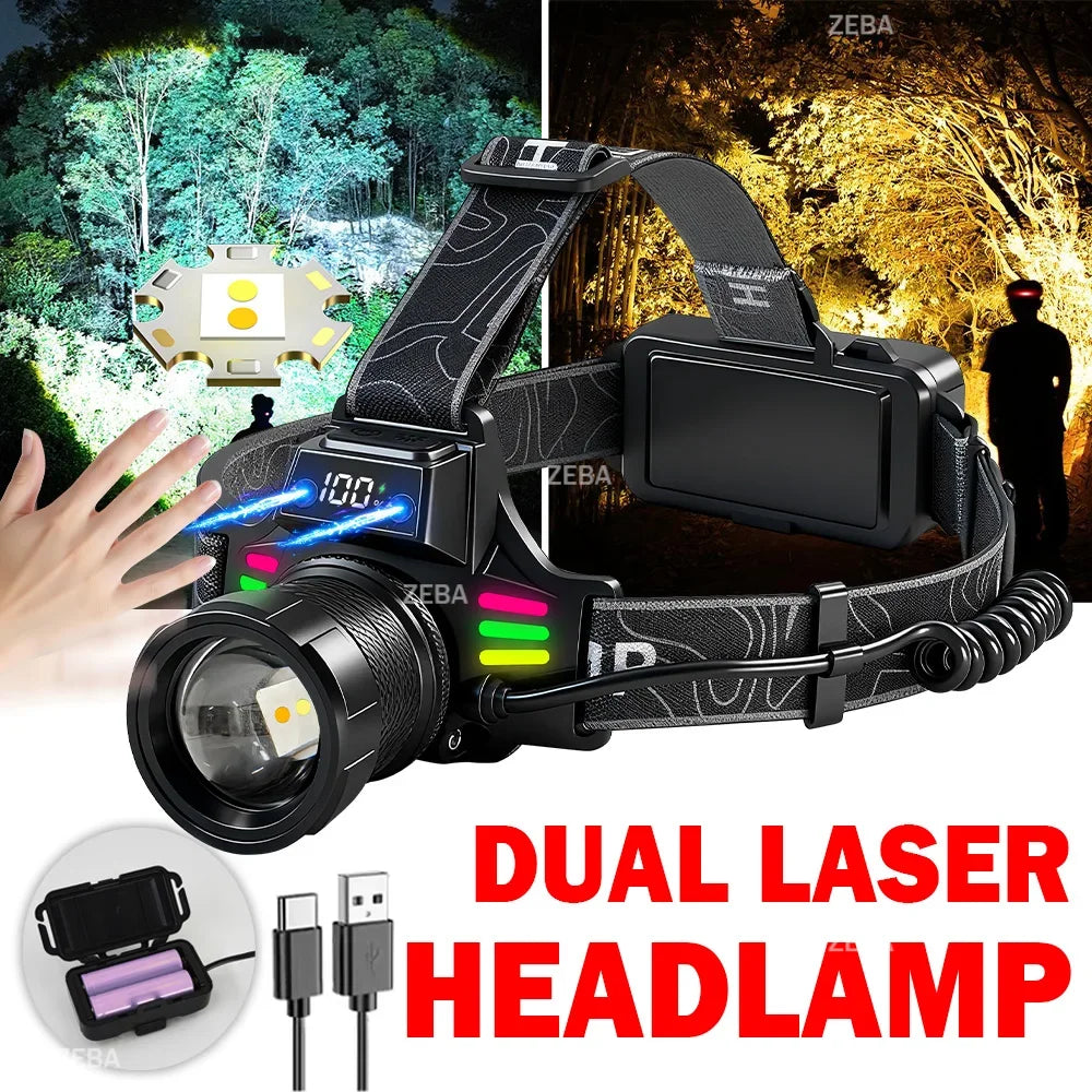 Super Bright Headlamp Dual Laser Motion Sensor Headlight 18650 USB Rechargeable Torch Yellow Light for Fog Night Running Fishing