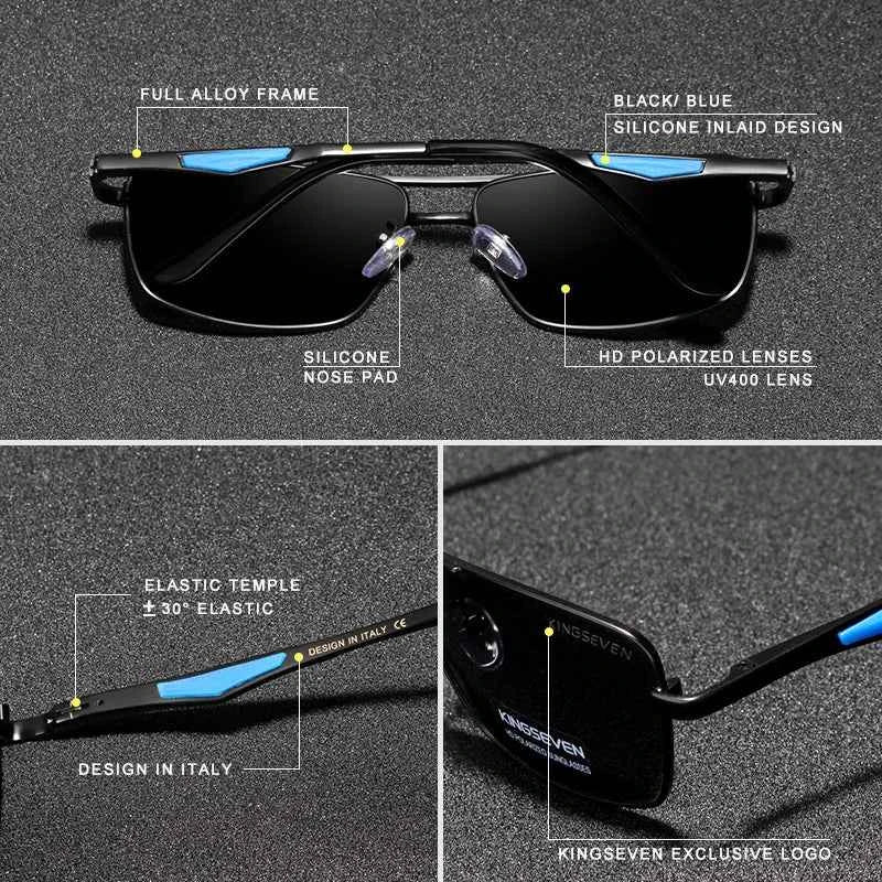 KINGSEVEN 7906 Aluminum Sunglasses – Polarized, UV400, Square, Includes Polarization Test Card, Unisex