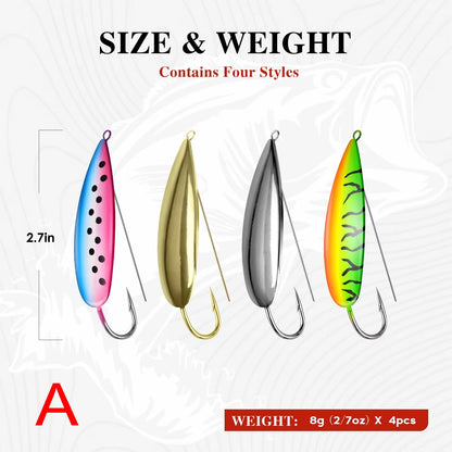 Weedless Spoon Lure Kit – 4pcs Spinner Metal Fishing Lures with Anti-Grass Hooks (8g/16g/19g)