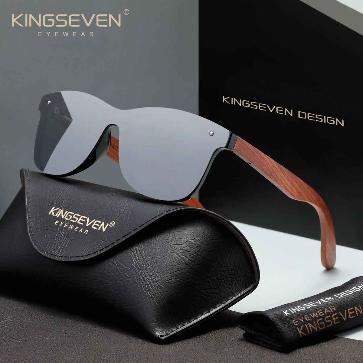 KINGSEVEN Wooden Rimless Polarized Sunglasses – UV400 Large Frame, Retro Style