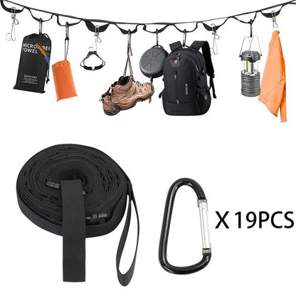 Campsite Storage Strap with 19 Hooks  for Hanging Camping Equipment, Durable Campground Organizer