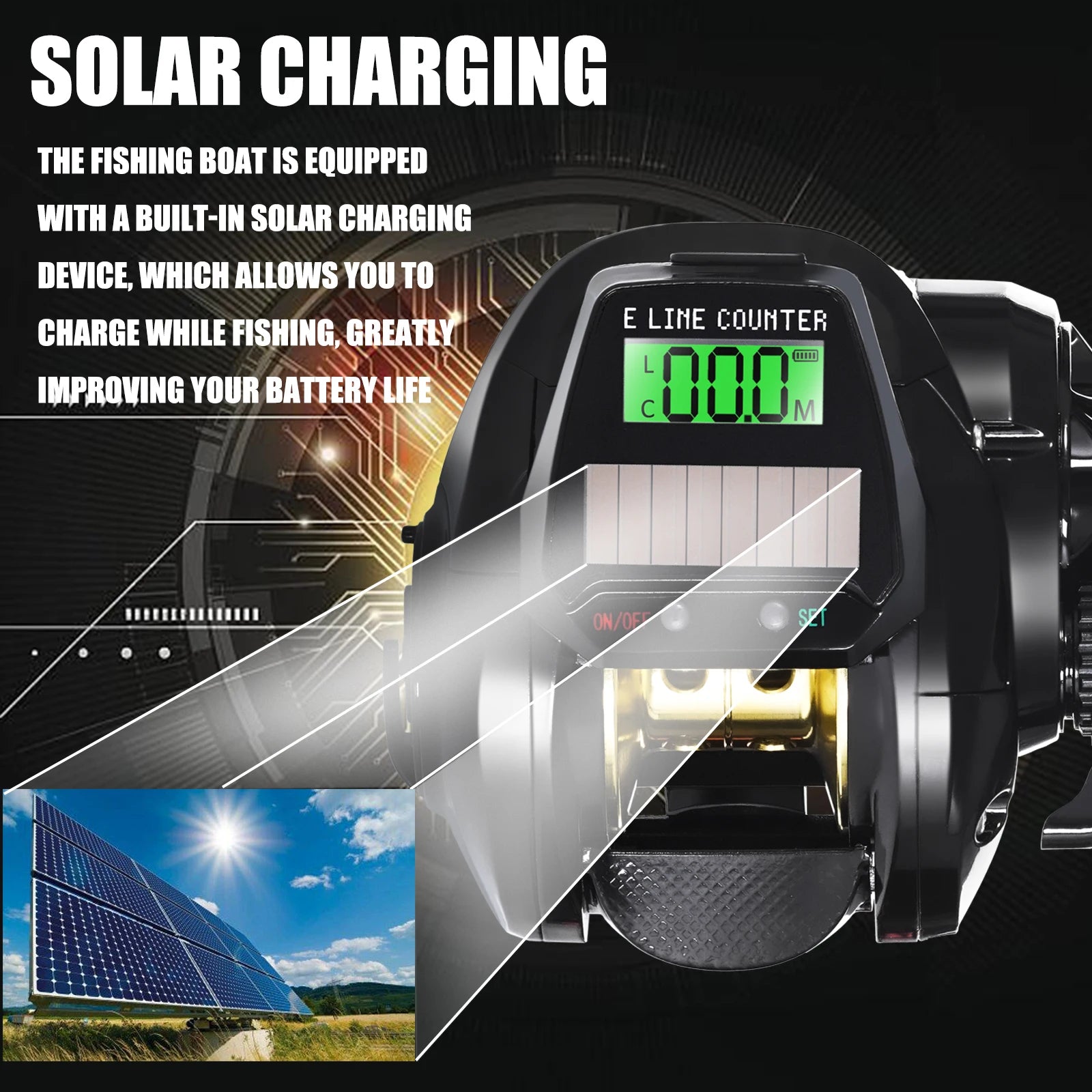 SAMOLLA Electronic Baitcasting Reel – LED Screen, USB &amp; Solar Charging, 7.2:1 Gear Ratio, Waterproof Saltwater Drum Reel