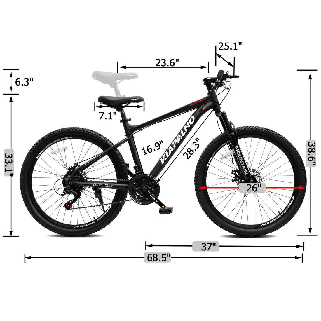 A26317 KIAPALNO 26 Inch All-Terrain Mountain Bike With Disc Brakes 21-Speed Drivetrain &amp; Durable Carbon Steel Frame Ideal For Men And Women, Perfect For Trail Riding And Touring