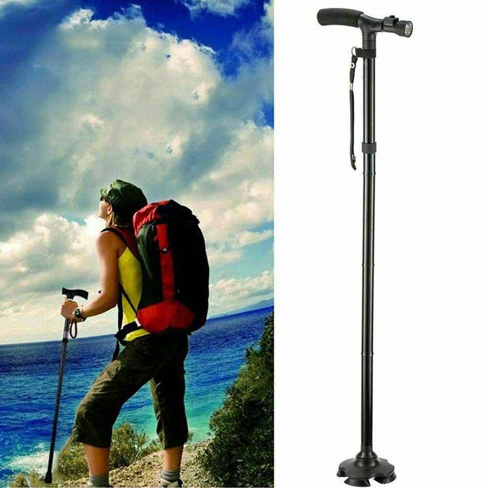 Folding LCD Walking Stick Cane With Flashlight For Senior Aluminium Travel Hiking Cane Trekking Pole Crutch Handle Strap 5 Gears