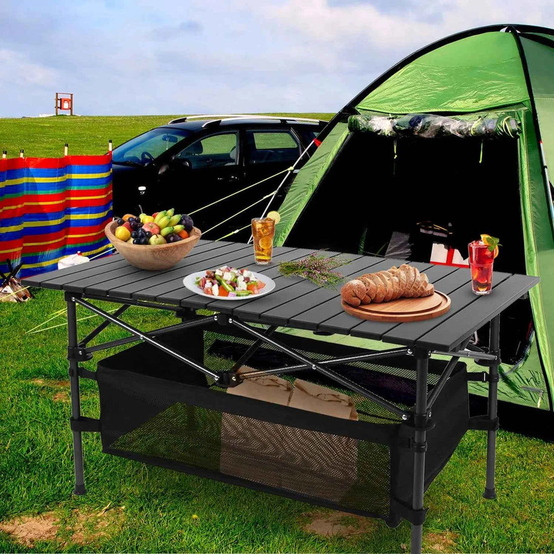 220 Lb Capacity Foldable Camping Table Aluminum Top &amp; Steel Frame With Mesh Basket Portable BBQ Picnic Beach Table Includes Carry Bag
