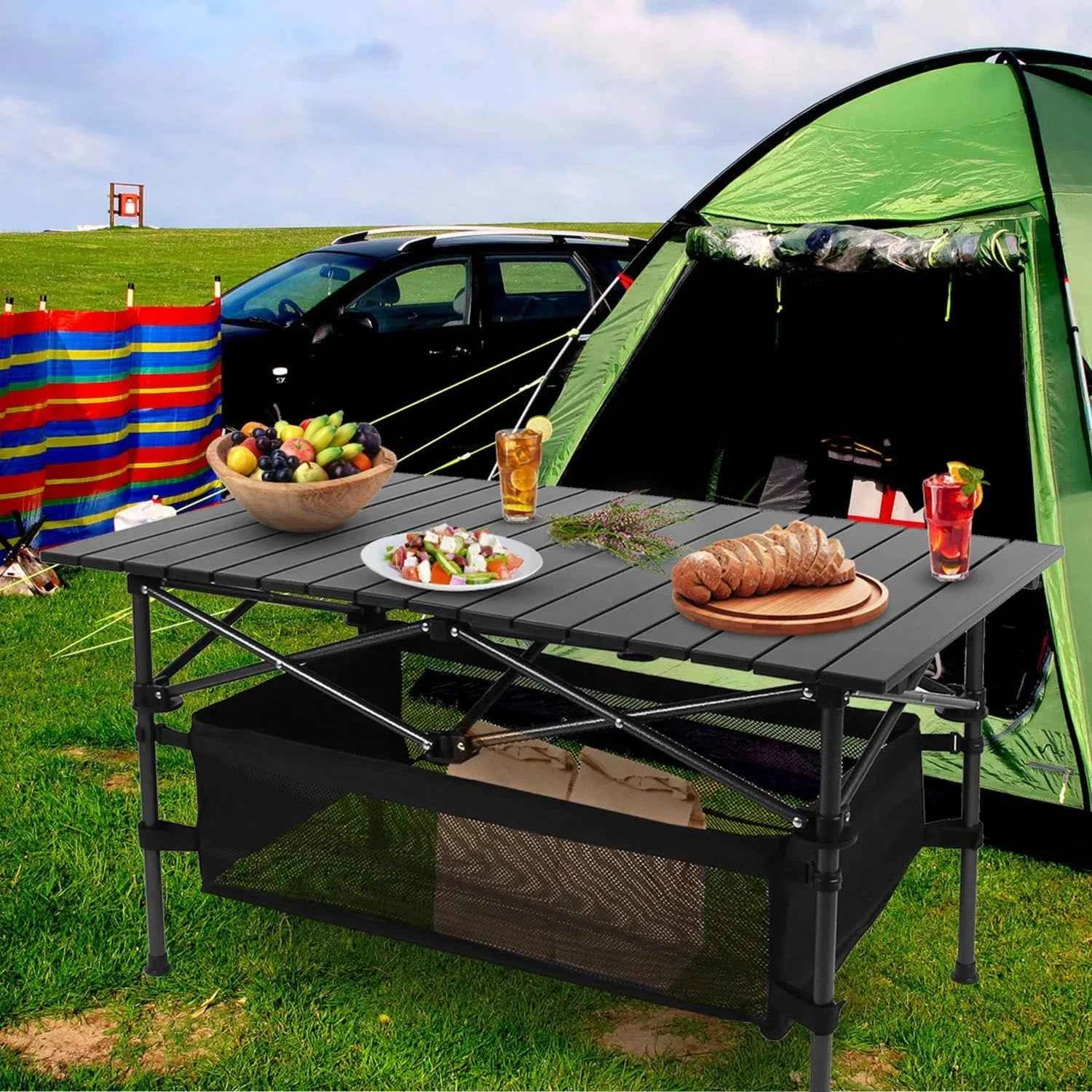 220 Lb Capacity Foldable Camping Table Aluminum Top &amp; Steel Frame With Mesh Basket Portable BBQ Picnic Beach Table Includes Carry Bag