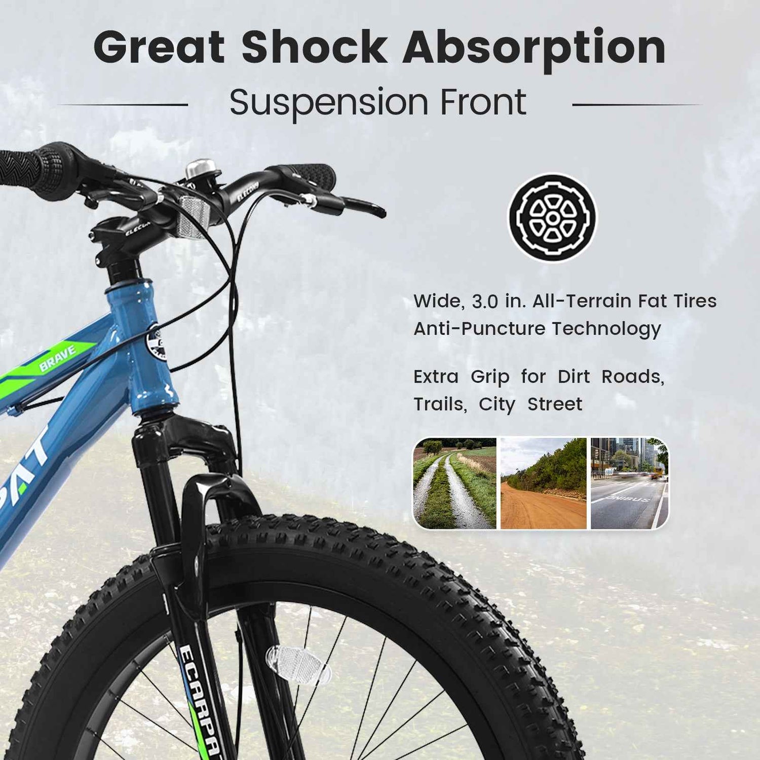 S24109 Elecony 24 Inch Fat Tire Bike Youth Full Shimano 7 Speeds Mountain Bike, Dual Disc Brake, High-Carbon Steel Frame, Front Suspension, Mountain Trail Bike, Urban Commuter City Bicycle
