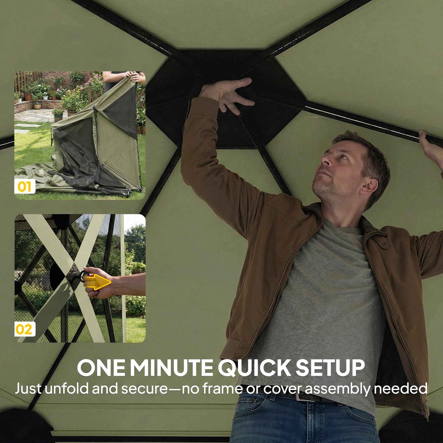 10 x 11 ft Pop Up Gazebo Screen Tent, Portable Instant Camping Canopy Screen House with Nettings, Carry Bag, Dark Green