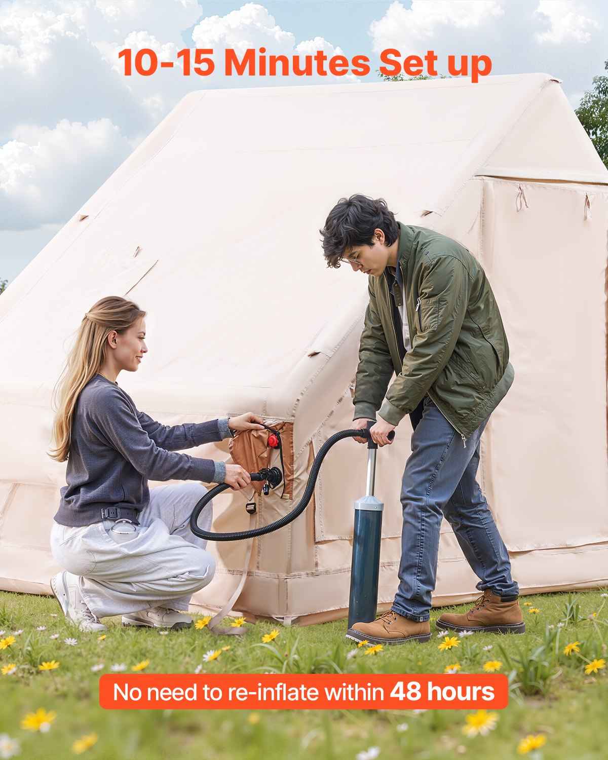 Inflatable Tents For Camping, 3-5 Person Easy Setup Blow Up Tent With Hand Pump, 300D Oxford 4 Season Glamping Tent With Canopy, Stove Jack, 2 Doors &amp; 2 Mesh Windows (Storage Bag Included)