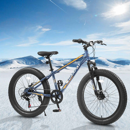 S24109 Elecony 24 Inch Fat Tire Bike Youth Full Shimano 7 Speeds Mountain Bike, Dual Disc Brake, High-Carbon Steel Frame, Front Suspension, Mountain Trail Bike, Urban Commuter City Bicycle