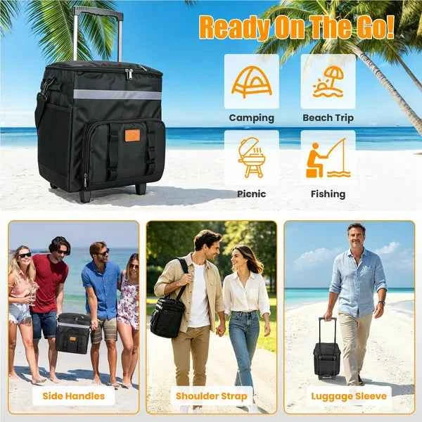 35L Rolling Cooler Bag 2-in-1 Insulated Lunch Backpack With Telescopic Handle Wheels Adjustable Shoulder Strap Portable Thermal Cooler Bag For Camping Picnic Beach Fishing