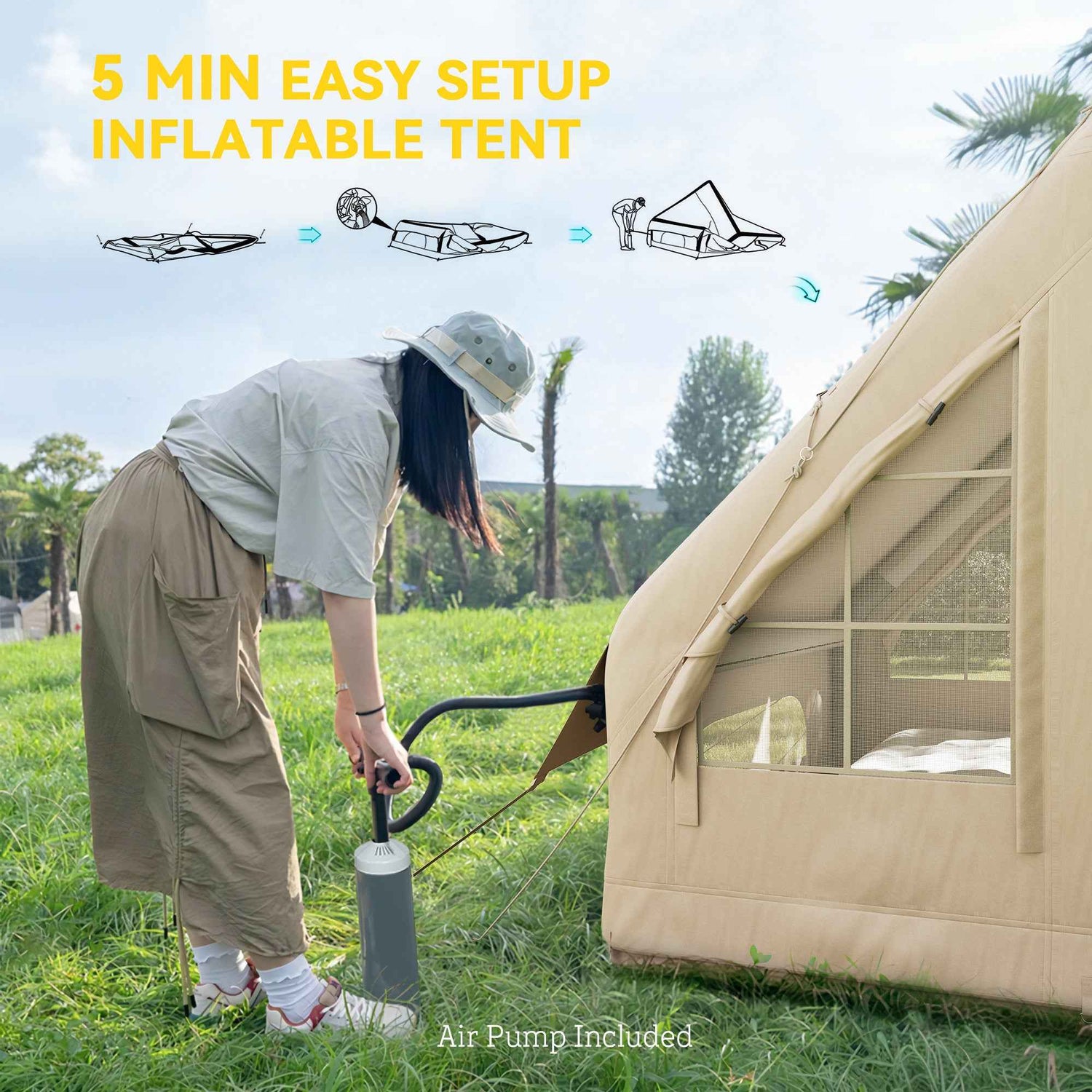 Inflatable Camping Tent With Hand Pump, 4 Season Blow Up Tent, Waterproof And Windproof With Mesh Windows And Doors