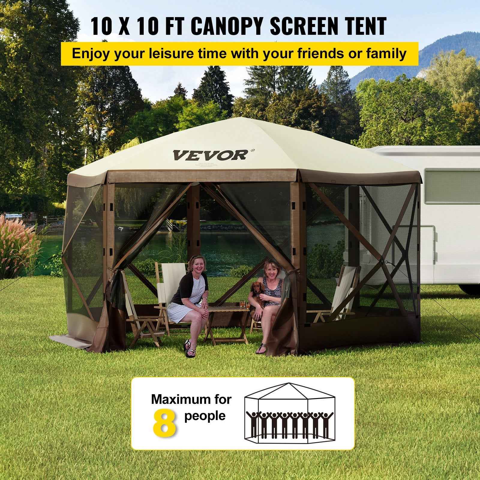 VEVOR Camping Gazebo Tent, 6 Sided Pop-up Canopy Screen Tent For 8 Person Camping, Waterproof Screen Shelter Portable Storage Bag, Ground Stakes, Mesh Windows, Brown &amp; Beige