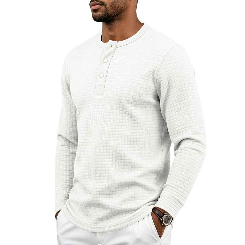 Mens Retro Jacquard Plaid Loose-Fit Long-Sleeve Henley T-Shirt