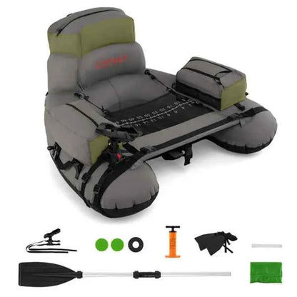 350lbs Inflatable Fishing Float Tube - 2 Air Chambers, Rod Holder+Fish Ruler, Green+Gray