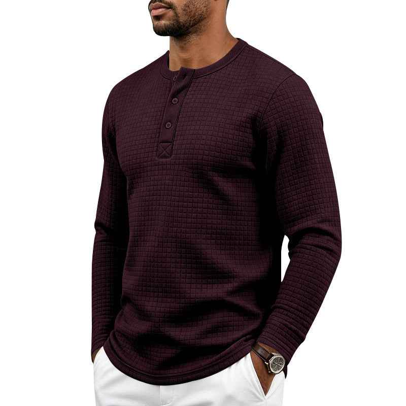 Mens Retro Jacquard Plaid Loose-Fit Long-Sleeve Henley T-Shirt