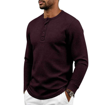 Mens Retro Jacquard Plaid Loose-Fit Long-Sleeve Henley T-Shirt
