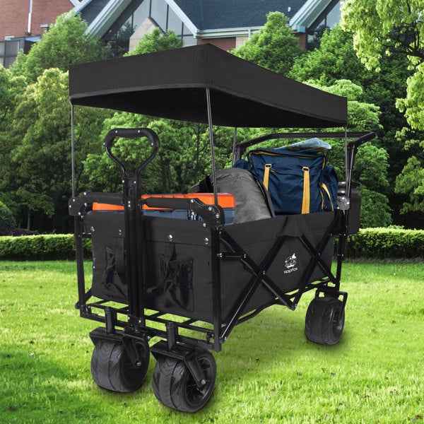 Foldable Wagon With Removable Canopy &amp; Cooler Bag - Heavy Duty Collapsible Wagon Utility Cart With 4inch All-Terrain Wheels For Camping Beach Garden, Black