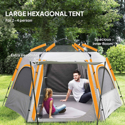 Instant Pop Up Camping Tent, 2/3/4 Person Easy Setup Dome Family Tent With Vestibule, Rainfly, 4 Mesh Windows &amp; 2 Doors, Hexagonal Design, Waterproof &amp; UV Protected, Light Grey