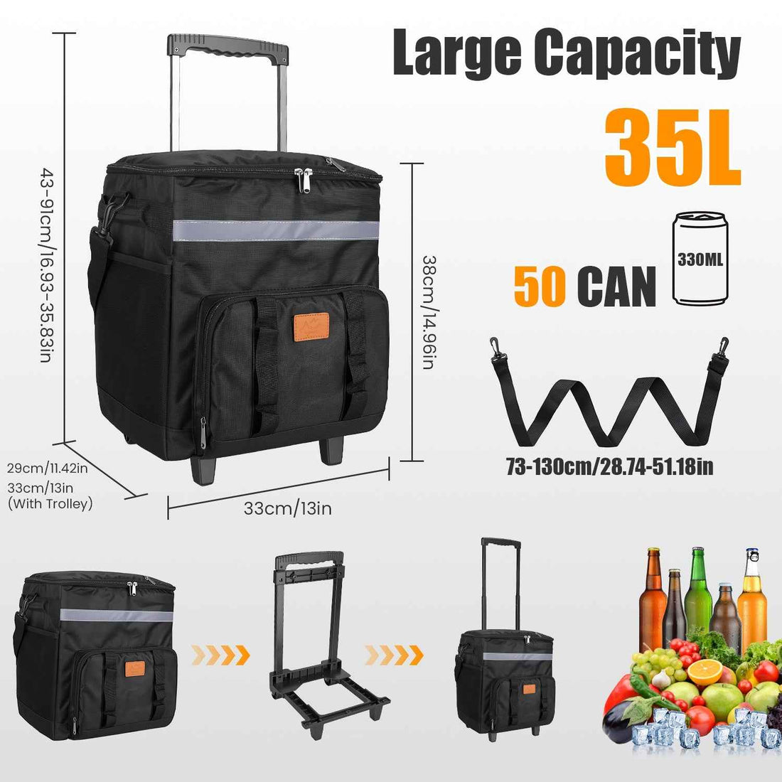 1Pc Portable Rolling Cooler Bag With Wheels And Side Handles Shoulder Strap 30L 50 Can Collapsible Insulated Leakproof Cooler For Camping Patio Travel Outdoor Ball Fields Beach