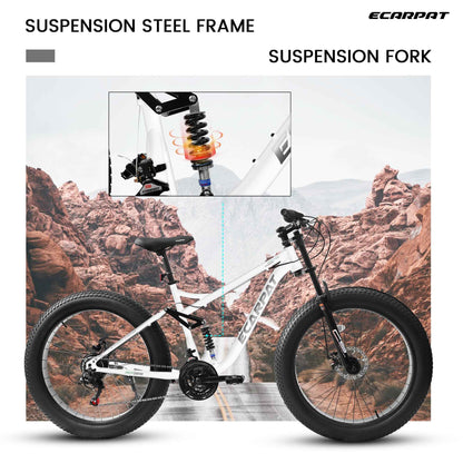 A26309 26 Inch Mountain Bike,Full-Suspension 21 Speeds Drivetrain With Disc-Brake Bicycle, 26x4inch Fat Tire Bike For Men
