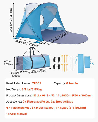 Beach Tent Sun Shelter For 6 Person, UPF 50+ Protection, Portable Sun Shade Canopy With Carrying Bag &amp; Sand Pockets, Lightweight And Easy Setup Beach Umbrella For Family Camping Outdoor Picnic