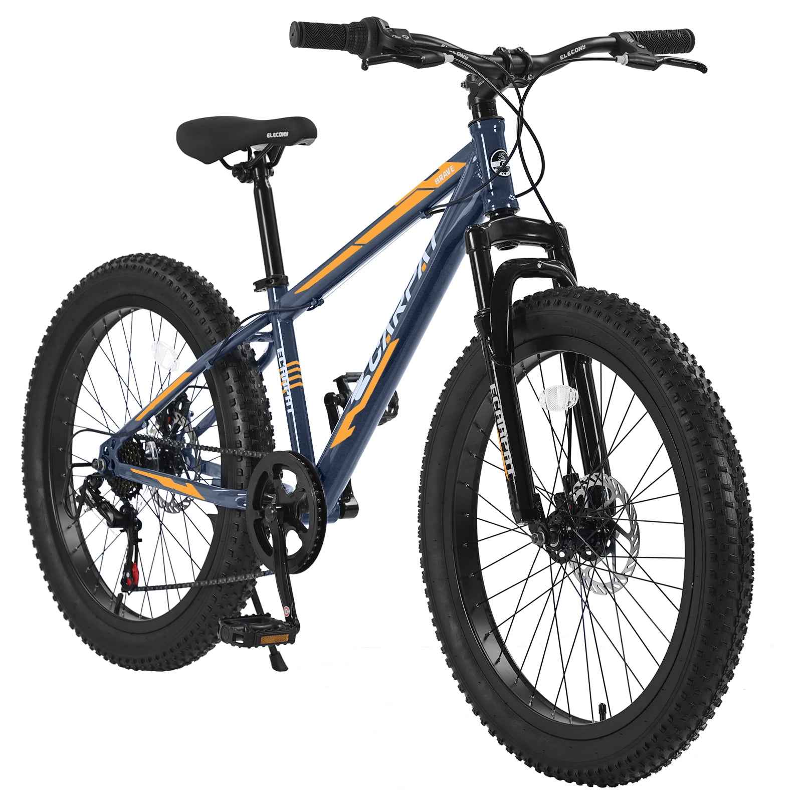 S24109 Elecony 24 Inch Fat Tire Bike Youth Full Shimano 7 Speeds Mountain Bike, Dual Disc Brake, High-Carbon Steel Frame, Front Suspension, Mountain Trail Bike, Urban Commuter City Bicycle