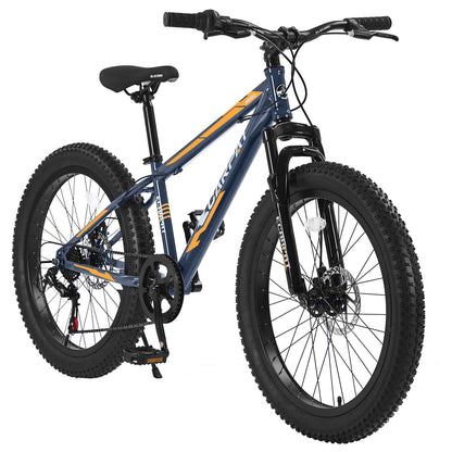 S24109 Elecony 24 Inch Fat Tire Bike Youth Full Shimano 7 Speeds Mountain Bike, Dual Disc Brake, High-Carbon Steel Frame, Front Suspension, Mountain Trail Bike, Urban Commuter City Bicycle