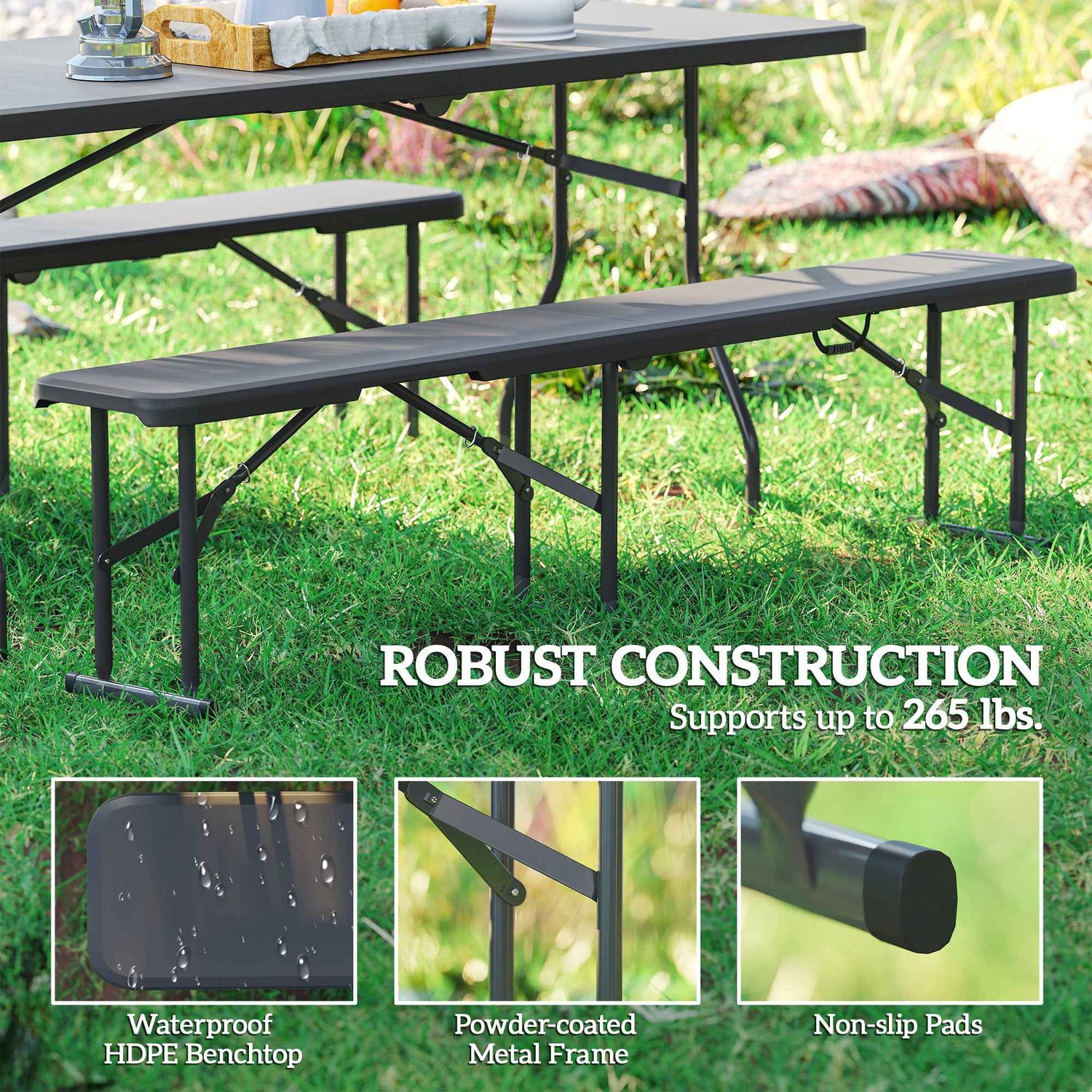 2 Pack 6 ft Portable Foldable Bench Seats, Plastic Folding Benches with Carrying Handle for Camping, Black