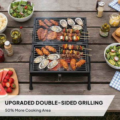 Portable Charcoal Grill Outdoor Stove, Two Side Carbon Griller For BBQ, Tabletop Barbecue Grill For Outdoor Camping Party, Black