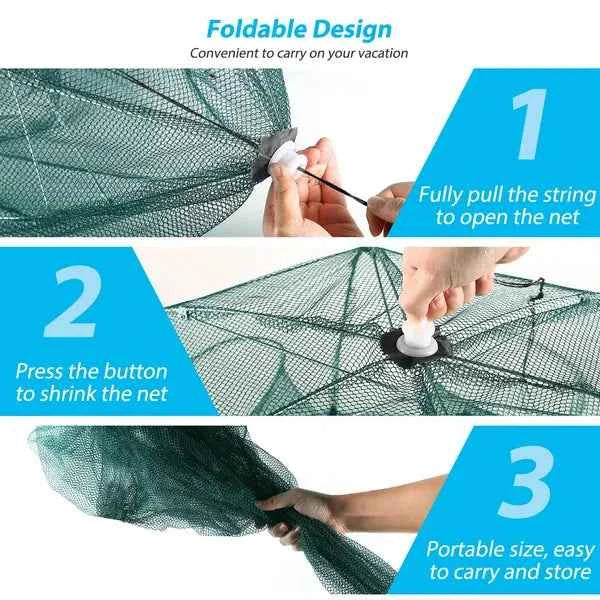 Fishing Trap Net Portable Folded Fishing Bait Trap Shrimp Minnow Crab Bait Net 6 Sides 6 Holes Crayfish Cast Mesh Trap Automatic