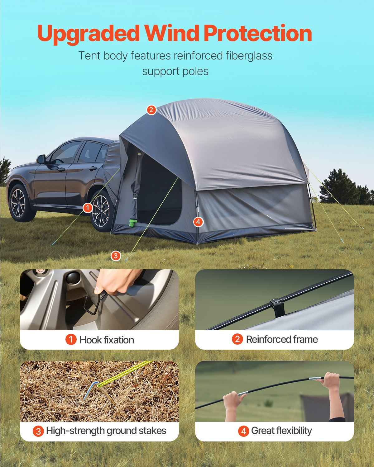 SUV Tent For Camping, 8FT L X 8FT W, Waterproof PU2000mm Spacious Double Layer Design For 5-8 Person, SUV Camping Tent With Mesh Windows, Includes Rainfly &amp; Storage Bag, For Outdoor Activities