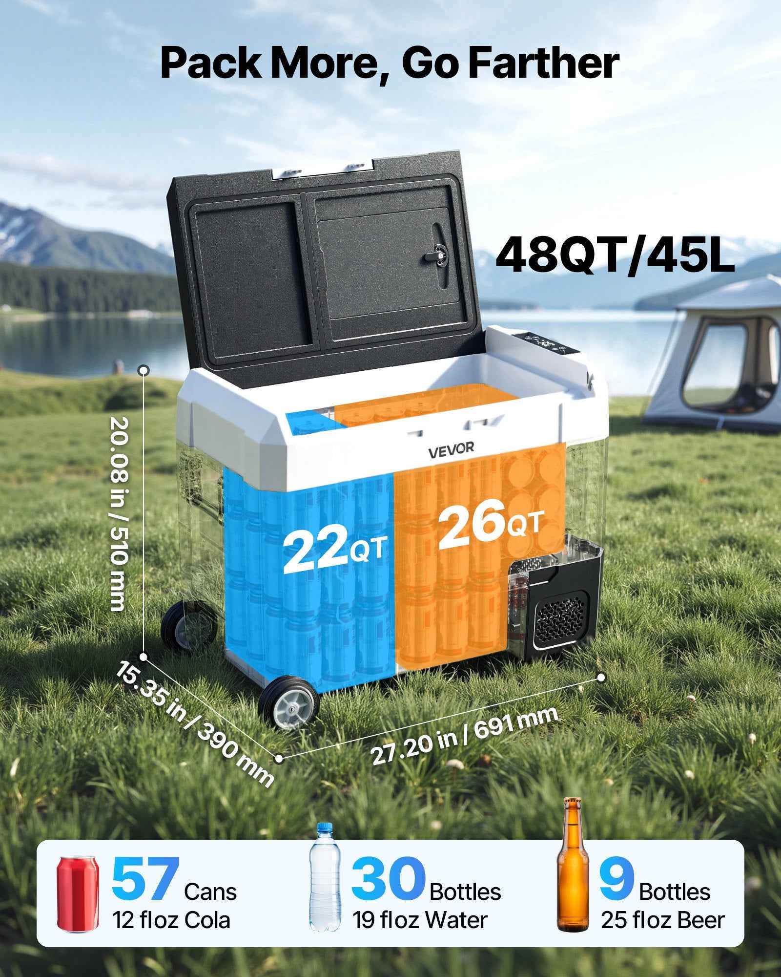 Car Refrigerator, DC 12/24V AC100-240V Compressor Electric Cooler,  -4°F To 68°F Truck Refrigerator With APP Control, Wheels &amp; Dual Zone, 48 QT Cars Cooler For RVs, Boats, Camping, Fishing