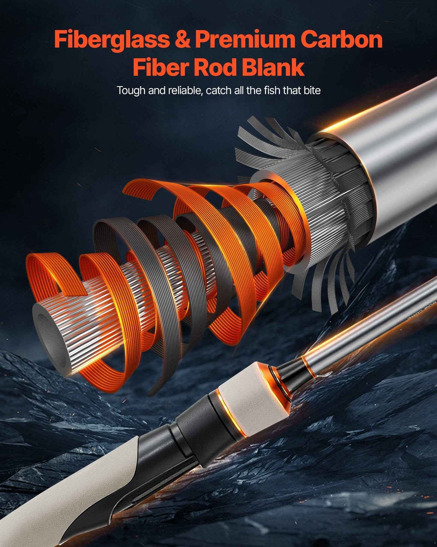Rod And Fishing Reel Combo, IM6 Fiberglass &amp; Carbon Fiber Spinning Rod And Reel Combo, Bass Fishing Pole With 6.5 Ft Two-Piece Rods, 6+1 Ball Bearings, Stainless Steel Guides With Ceramic Rings