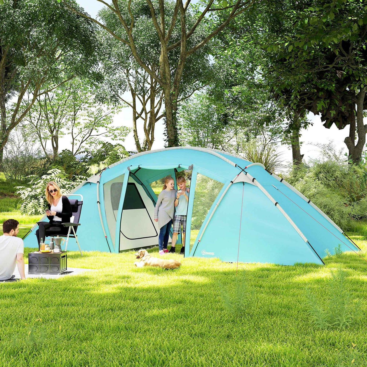4-6 Man Family Camping Tent W/ 2 Bedrooms And A Living Room, Waterproof Tunnel Tent W/ Sewn In Groundsheet, Doors, Windows, Carry Bag, Blue