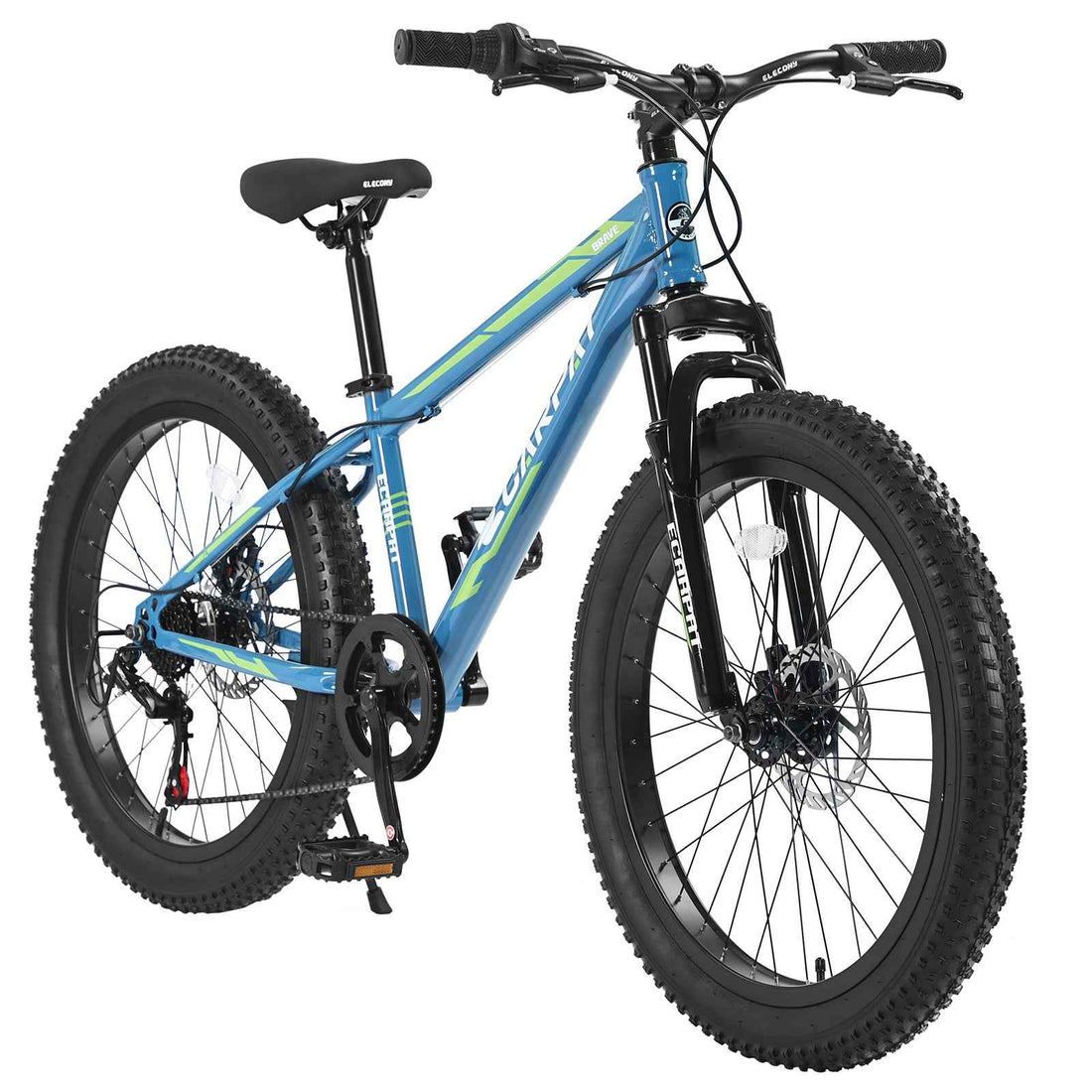 S24109 Elecony 24 Inch Fat Tire Bike Youth Full Shimano 7 Speeds Mountain Bike, Dual Disc Brake, High-Carbon Steel Frame, Front Suspension, Mountain Trail Bike, Urban Commuter City Bicycle
