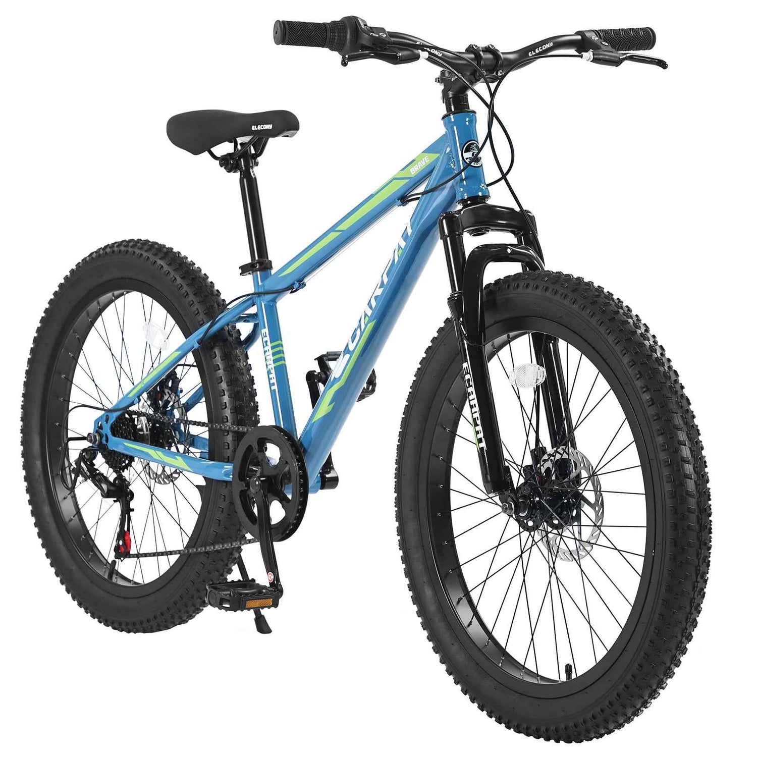 S24109 Elecony 24 Inch Fat Tire Bike Youth Full Shimano 7 Speeds Mountain Bike, Dual Disc Brake, High-Carbon Steel Frame, Front Suspension, Mountain Trail Bike, Urban Commuter City Bicycle