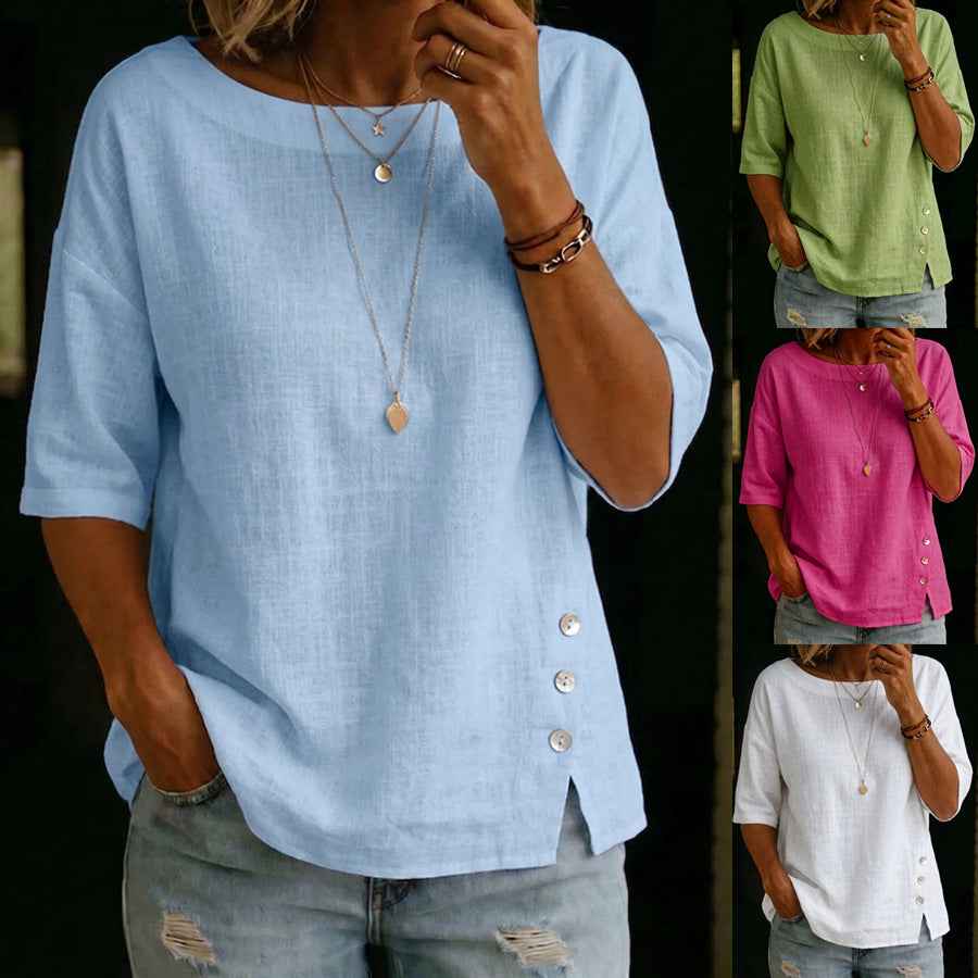 Asymmetrical Button Design Round Neck Loose-fitting Casual Top