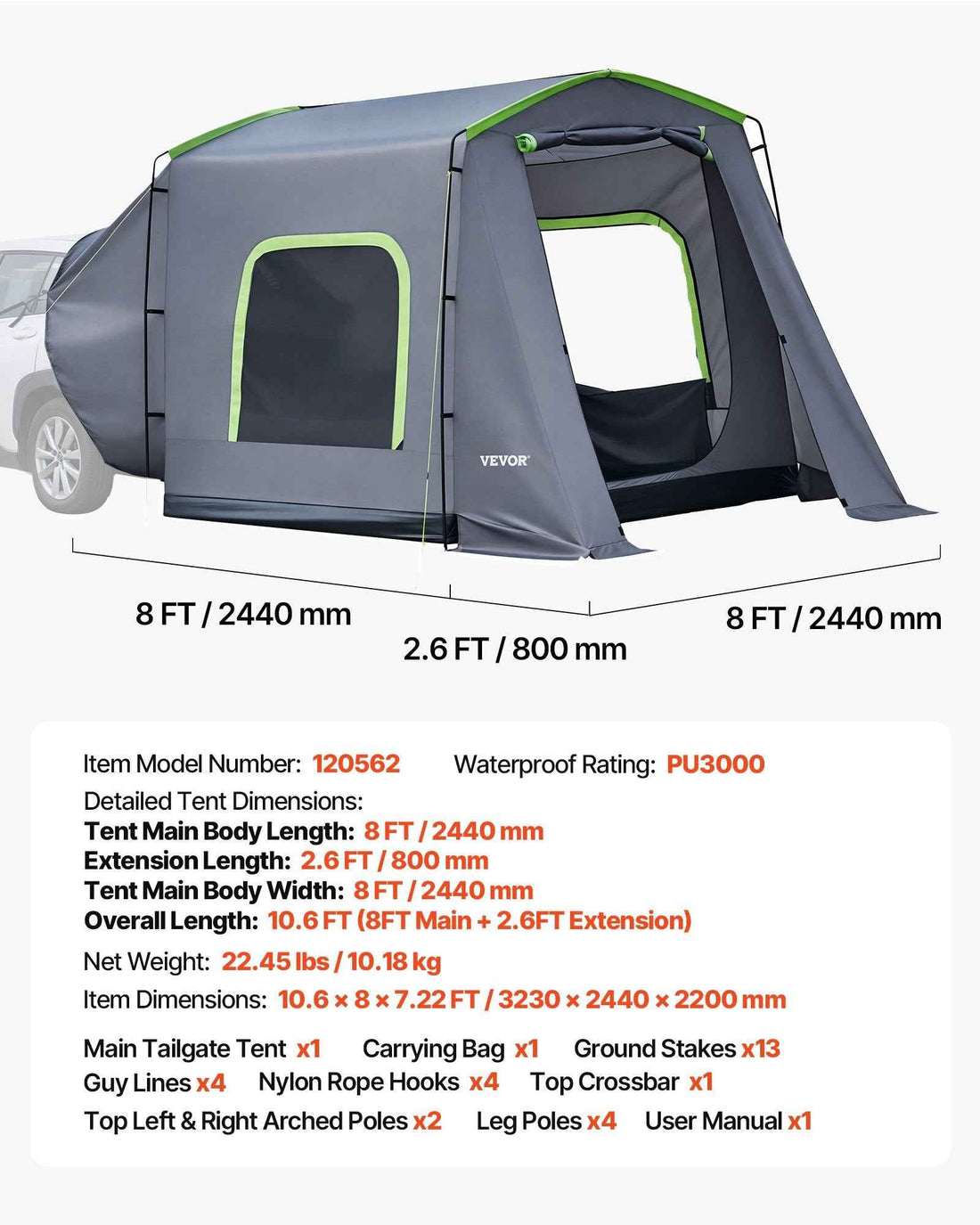 Large SUV Tent For 5–9 Person, 10.6 X 8 FT All-Season SUV Tailgate Tent With Ventilated Door &amp; Mesh Windows, PU3000mm Waterproof Dual-Use Car Rear Hatch Tents For Outdoor Camping Hiking
