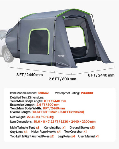 Large SUV Tent For 5–9 Person, 10.6 X 8 FT All-Season SUV Tailgate Tent With Ventilated Door &amp; Mesh Windows, PU3000mm Waterproof Dual-Use Car Rear Hatch Tents For Outdoor Camping Hiking
