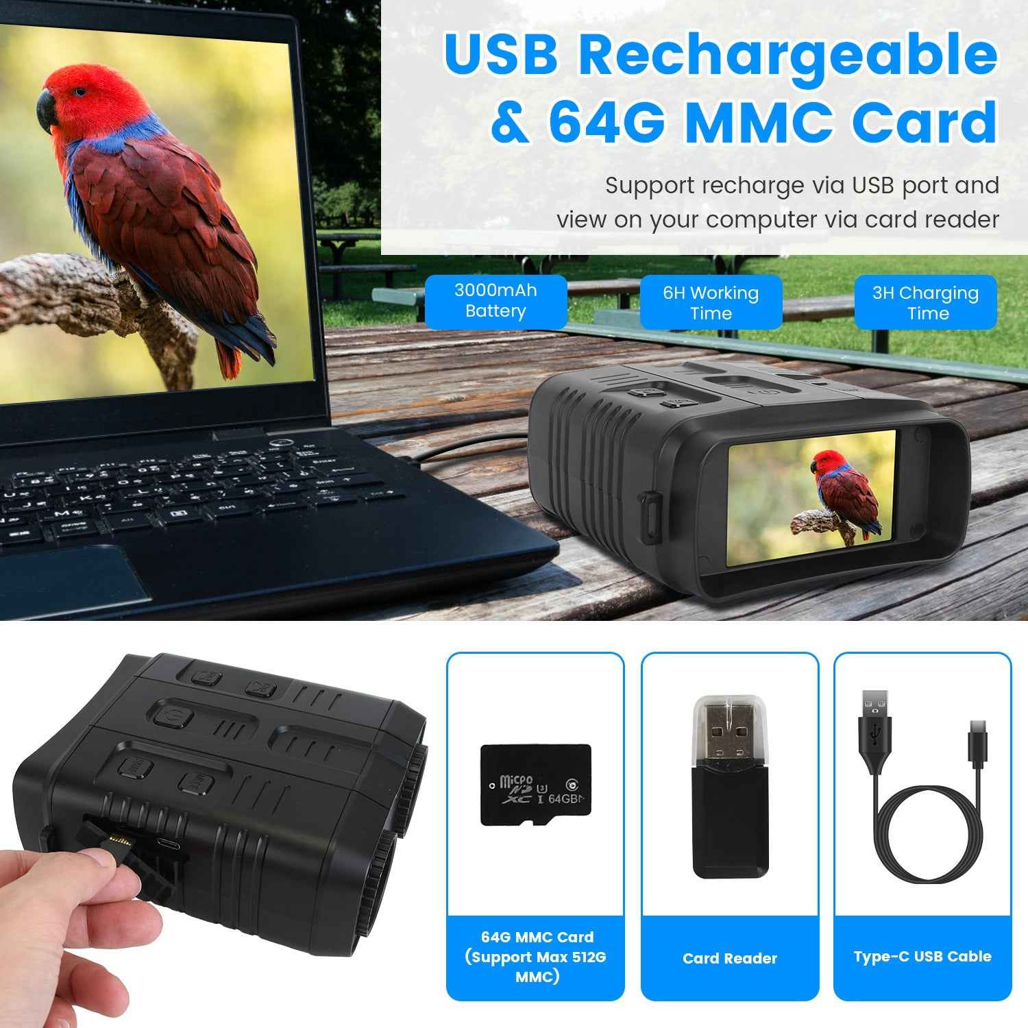 1Pc Night Vision Goggles 4K Full-Color Binoculars 10X Zoom With 2624ft Viewing Range 3in Screen 64G MMC Card WIFI APP Control Save Photo And Video For Camping Hunting &amp; Security