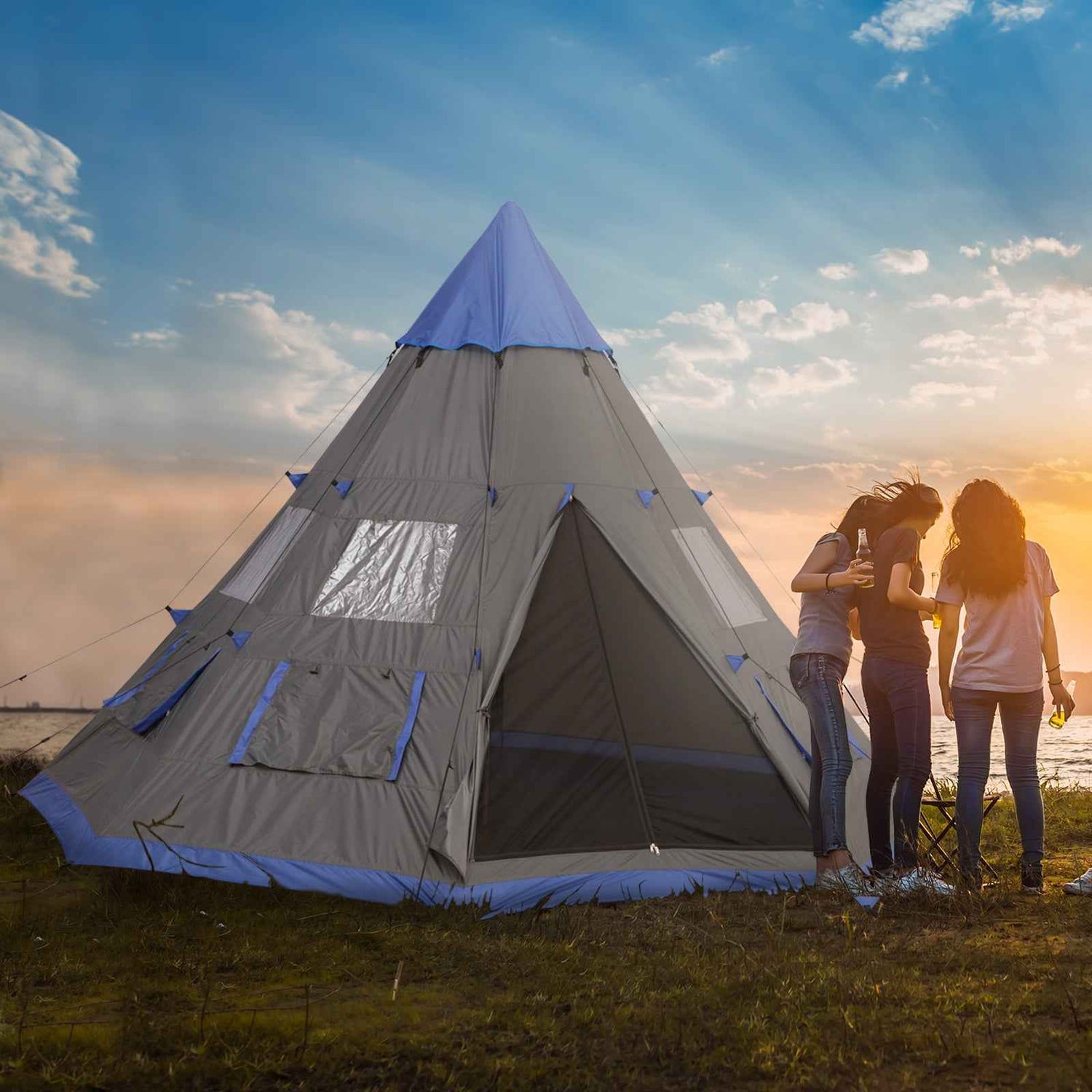 12Ft Camping Tent 6-7 Person 4 Season with 8 Mesh Windows, Outdoor Teepee Tent with Waterproof Material